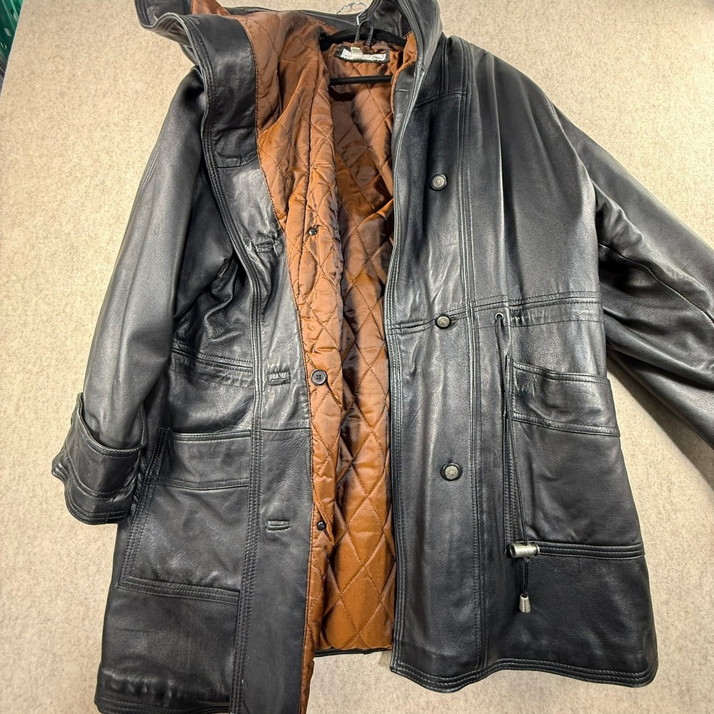 Paris Sport Club Vintage Black Leather Hooded Parka‎ Jacket Quilted Lining L/G